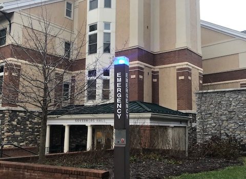 Emergency phone tower in front of governor's hall